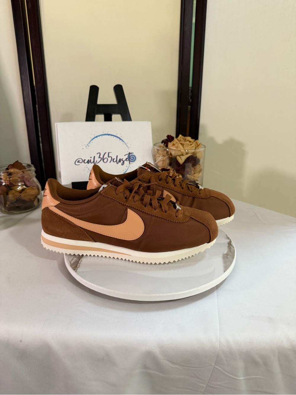 Nike Women’s Cortez Brown Sneakers with Peach Swoosh
